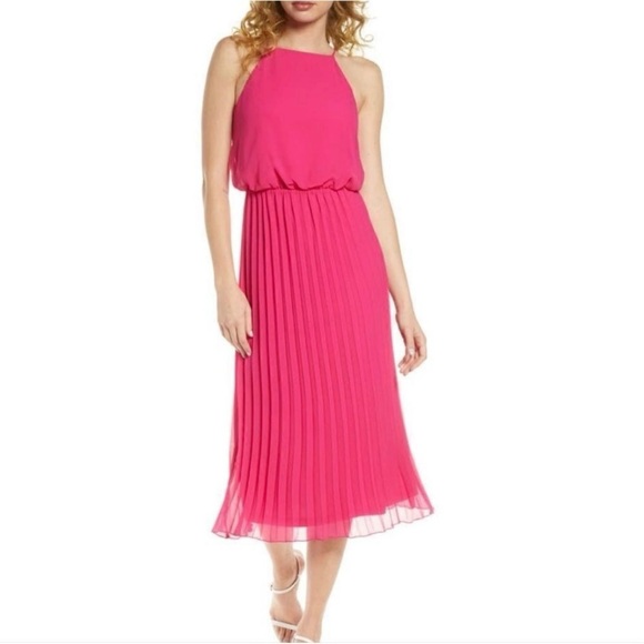 Sam Edelman Pleated Skirt Fit Flare Sleeveless Midi Dress Sundress Pink Small - Picture 1 of 15
